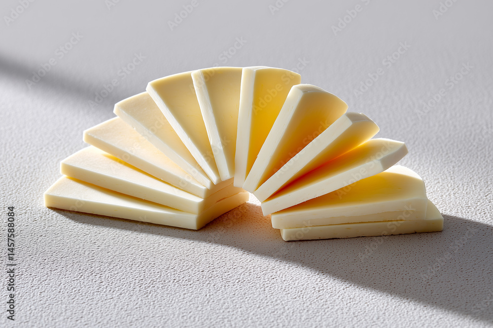 Poster white cheddar slices fanned out in a semicircle create a minimalist presentation on a smooth studio 