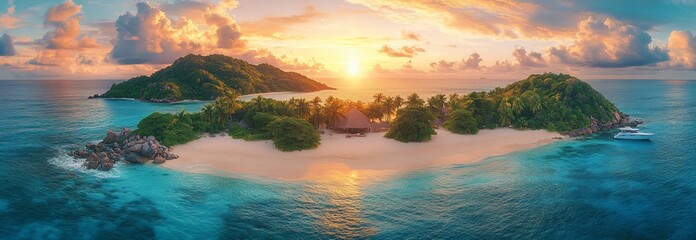 Secluded tropical island panoramic view. Grand Anse beach, La Digue, Seychelles. Lush rainforest, white sand, turquoise water, golden sunset, luxury yachts. Travel destination, vacation.