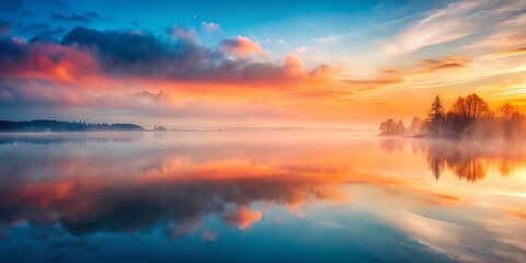 Fototapeta premium Abstract Red Orange Blue Misty Landscape Calm Water Reflection