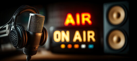 Microphone and headphones in a recording studio. Professional podcast and broadcasting concept. Live broadcasting technology and communication equipment. With an orange neon sign "ON AIR"