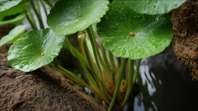 Close-up view of vibrant green Gotu Kola leaves with water droplets, botanical beauty, lush foliage and natural light enhancing the scene.