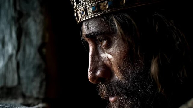Profile of a solemn king with a golden jeweled crown, gazing pensively from a stone window, illuminated in dim light inside a medieval castle.
