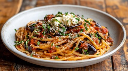 Pasta alla Norma eggplant ricotta salata and tomato sauce rustic wooden table 45 degree angle