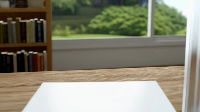 Blank CD case and white box on wooden table near a window with outdoor greenery view, ideal for mockups and product presentation