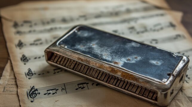 Rusty harmonica on old sheet music