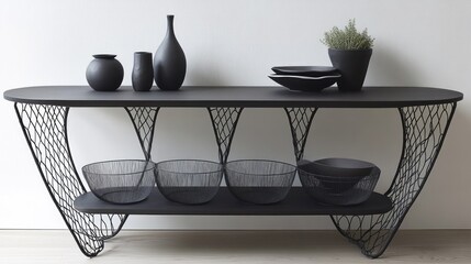 Black metal console table with wire storage baskets underneath