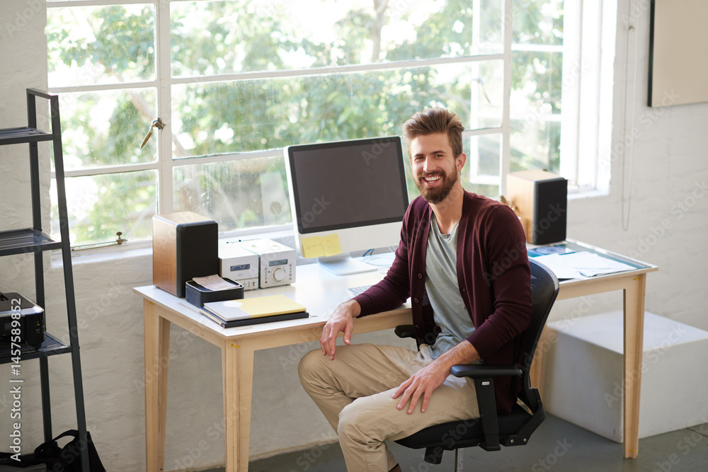 Poster workspace, business and happy man in portrait in office, startup project and management with pride. 