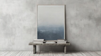 Console table with stacked books and art frame leaning above