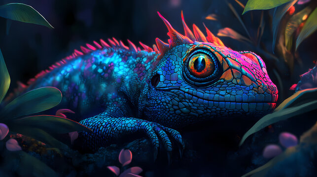 Fantastic alien creature, mix of lizard and predator plant. [Neon Fables] | Dreamcore Foxes | surreal predator. Illustration