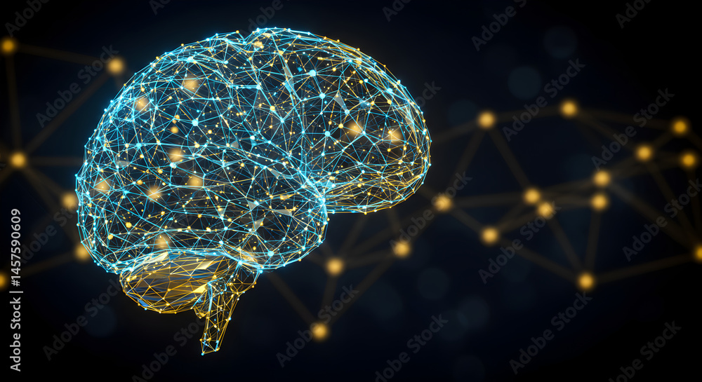 Poster abstract blue brain with golden neural nodes on dark background concept of artificial intelligence