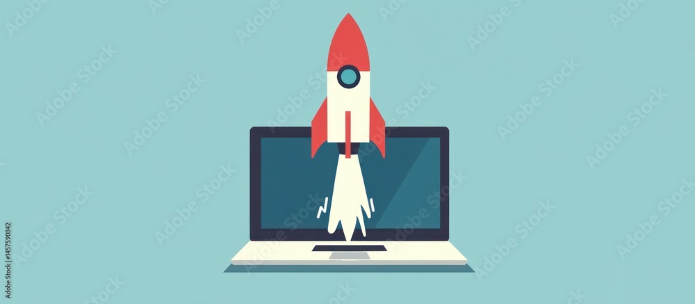 Poster laptop displaying rocket launch signifies technology and innovation metaphor