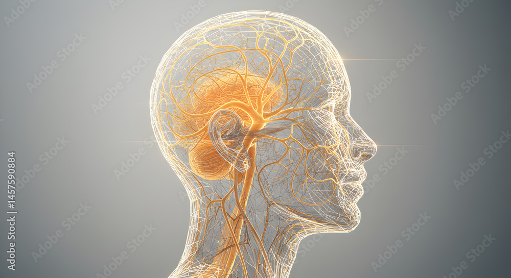 Poster abstract digital human head composed of interconnected nodes with warm orange glow on gradient gray 