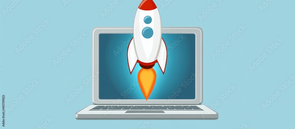 Poster conceptual design showing a digital startup launching from a laptop screen