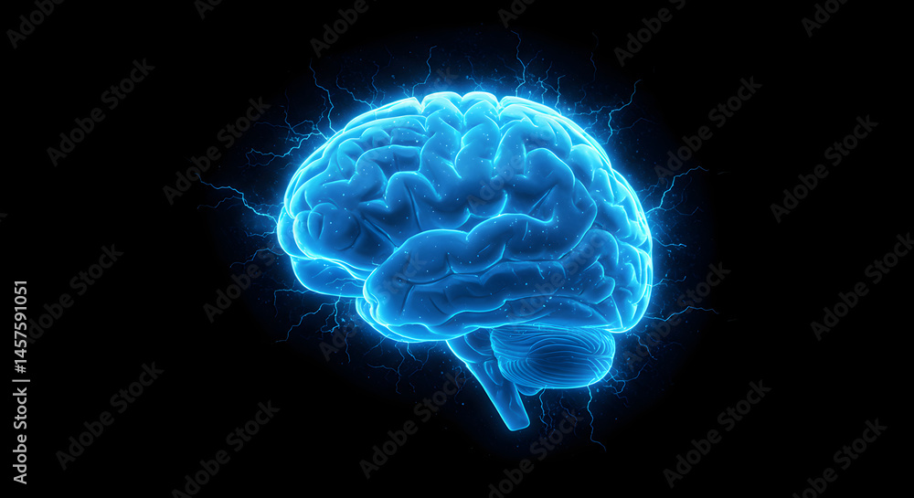 Poster abstract glowing cyan human brain 3d render on black backdrop representing science and artificial in