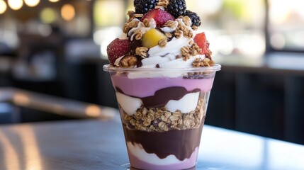 Colorful layered yogurt parfait with granola, fruit, and chocolate