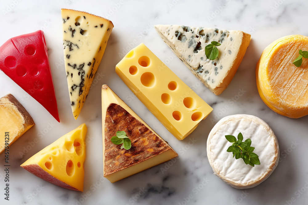 Poster artistic presentation of diagonal cheese assortment featuring distinct textures and varieties on a s