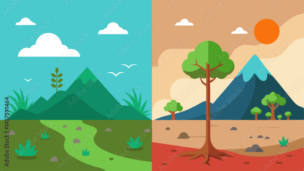 Poster changing landscape a beforeandafter scene showing a healthy ecosystem transformed into a barren land