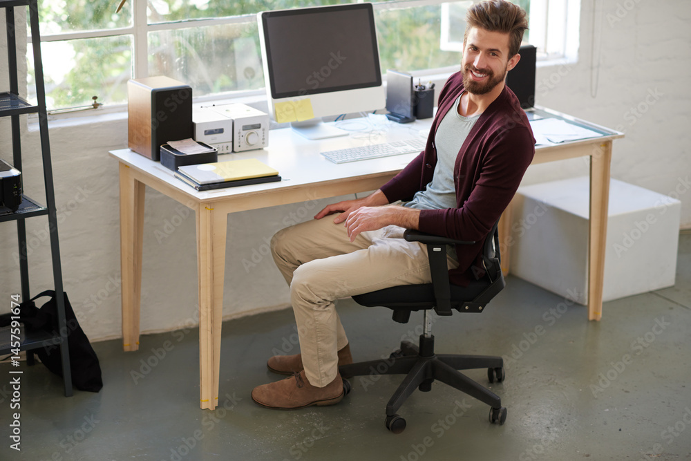 Poster workspace, businessman and happy in portrait in office, startup project and management with pride. c
