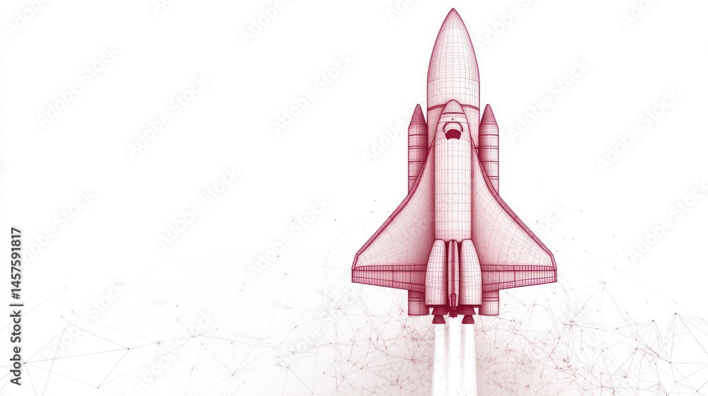 Poster stylized rocket launch illustration with a networked grid backdrop on a blank background