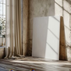 A white canvas is sitting on the floor in front of a window. The window is open and the sunlight is shining on the canvas