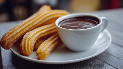 A delightful image featuring golden churros with a cup of rich, dark chocolate for dipping pleasure.