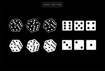 Dice Black And White Vector Illustration. Dices flat icon sets. Rolling dice. White roll cubes for gamble games, top view dice sides and falling 3D