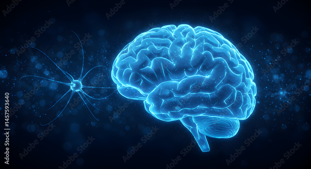 Poster blue digital brain illustration with neural network connections and bokeh background represents arti