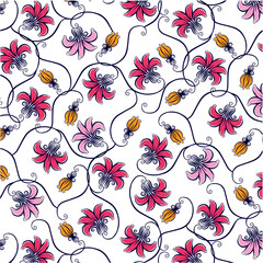 Curly branched flowers and buds pattern