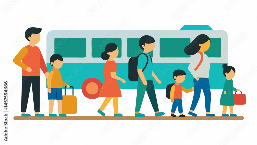 Poster boarding a bus a line of families boarding a bus with expressions of apprehension and hope their bel
