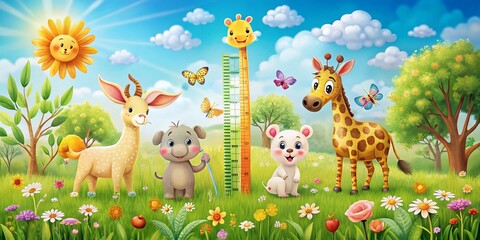 Adorable Animals Height Chart Stickers on a Lush Green Meadow Landscape