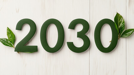 Sustainable future concept with green 2030 numbers and leaves on wood background