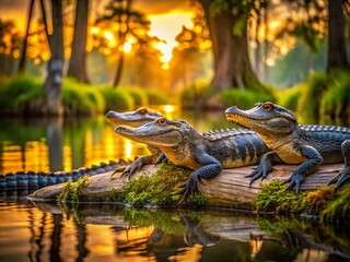Adorable Baby Alligators on Cypress Log, South Florida Swamp, Bokeh