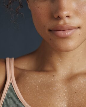 collarbone close-up with shimmer lotion on pastel pink skin