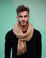 handsome guy in light scarf standing by pastel wall