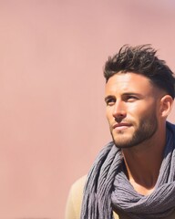 Obraz premium handsome guy in light scarf standing by pastel wall
