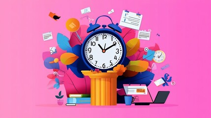 Clock amidst papers, plants, and laptop, representing productivity and scheduling