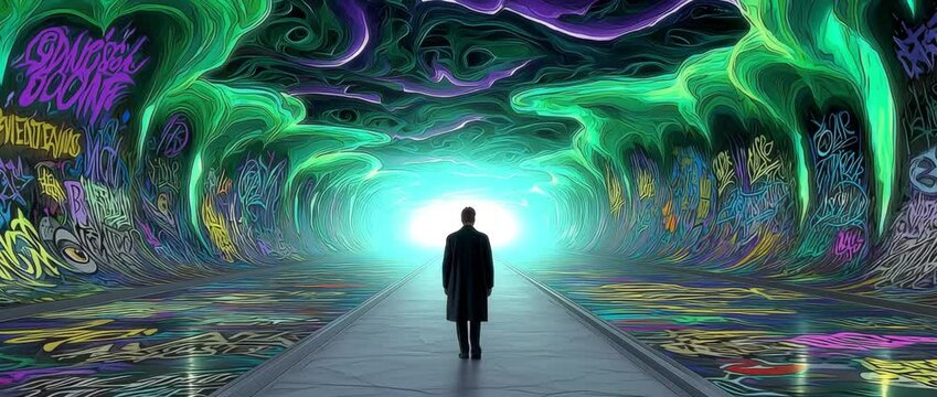 Pushing forward tracking a lone figure walks toward a glowing portal inside a surreal green-and-purple graffiti tunnel, lit from behind with a radiant blue-white light.