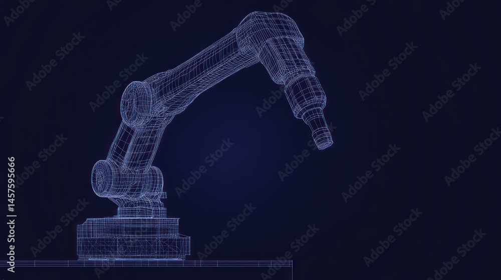 Poster wireframe depiction of a robot arm against a dark backdrop evokes futuristic themes