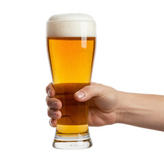 A glass of golden beer with a foamy top being held by a hand , representing refreshment and celebration