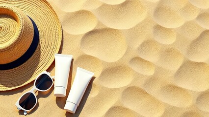 Sun hat and two mock up spf cream tubes and sunglasses on the sand. A lot of space for the text. Summer beach relaxing inspiration or sun protection things for beach. Summer template 