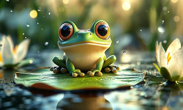 Cute frog sits on lily pad in a pond with water lilies