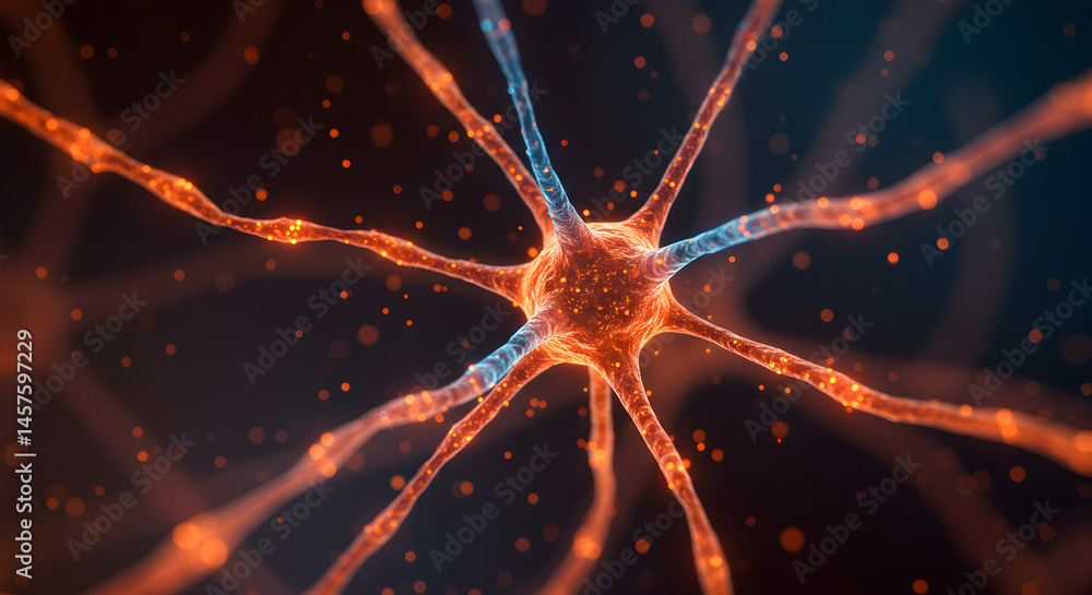 Poster detailed 3d neuron cell with branching orange dendrites and glowing particles on dark backdrop empha