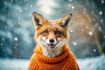 Obraz premium Adorable Fox in Orange Knit Sweater, Gentle Snowfall, Macro Photography