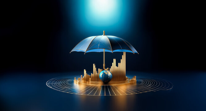 A blue umbrella shelters a golden globe atop a data visualization, symbolizing protection and financial security in a dark, futuristic setting.  The scene is lit from above, creating a dramatic effect
