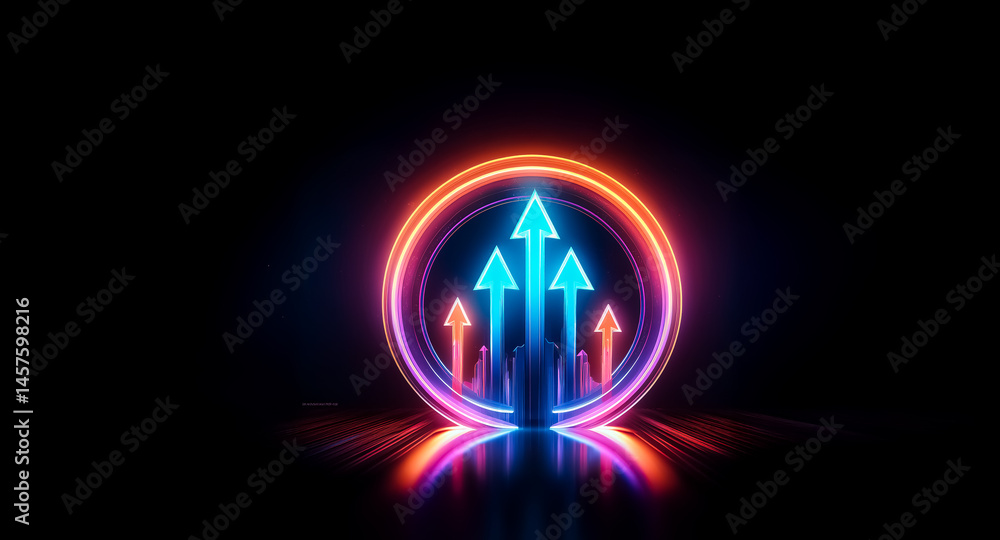 Poster neon arrows ascend within a glowing circular frame, reflecting on a dark, glossy surface. the vibran