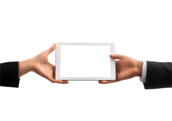 Businessman in formal suit holding tablet in hands with transparent screen