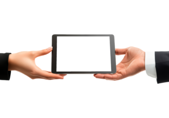 Businessman in formal suit holding tablet in hands with transparent screen