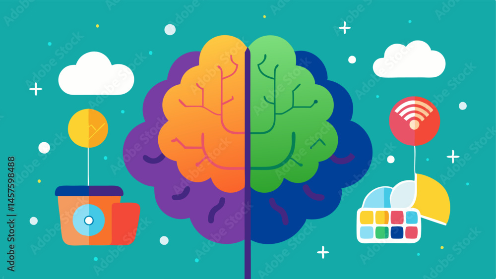 Poster comparative brain two brain s side by sideone vibrant and focused surrounded by nature and leisure t