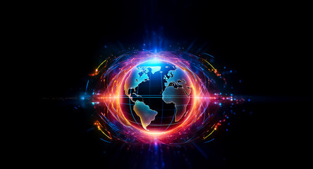 Obraz premium A vibrant, glowing Earth encircled by dynamic energy fields of red and blue, symbolizing global connectivity and technological advancement.