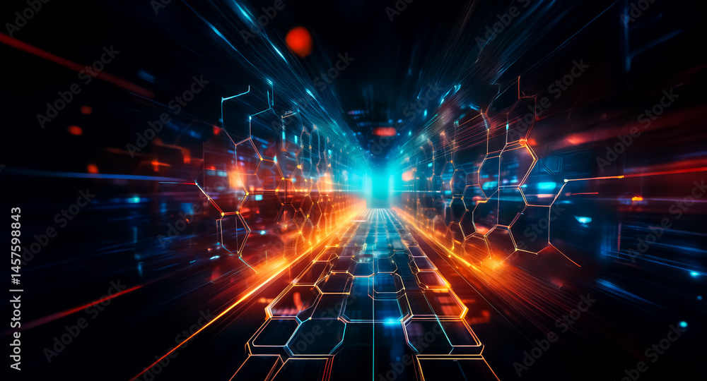 Poster a vibrant, abstract digital tunnel glows with streaks of blue, orange, and red light, creating a sen